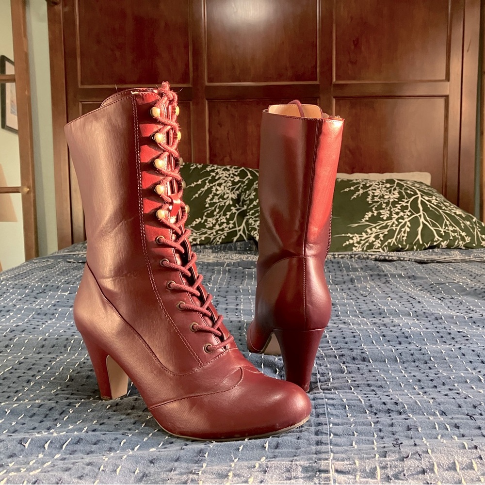 Chelsea Crew claire Burgundy Boots lace up Victorian goth - Picture 4 of 10